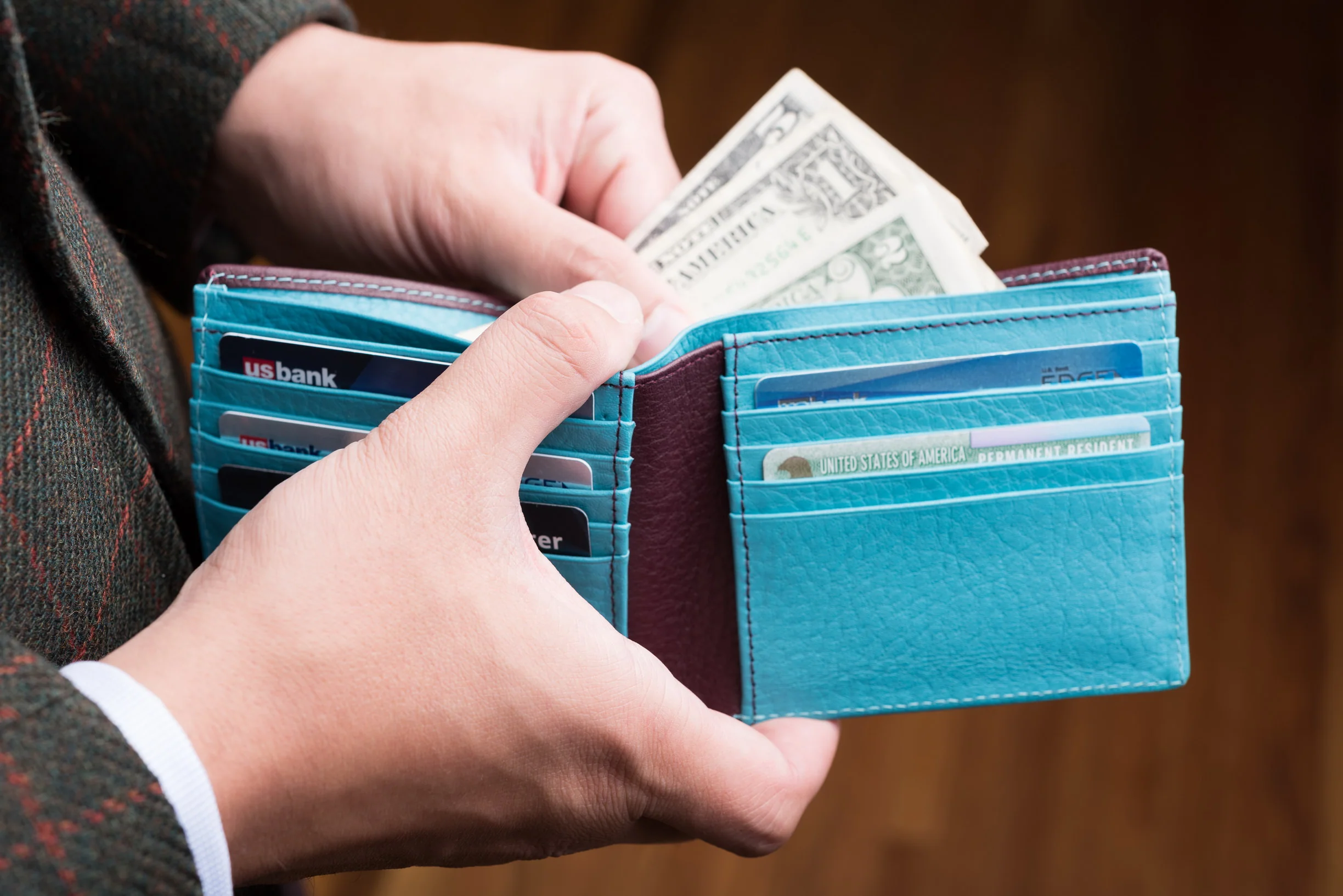 Burgundy & Turquoise 10 Card Deerskin Leather Wallet - Image 9