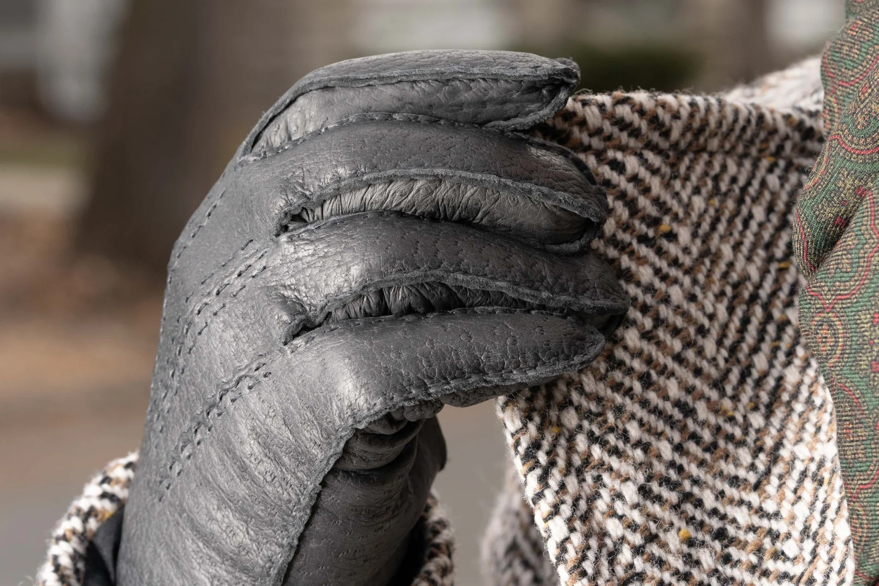 Charcoal Black Rabbit Fur Lined Peccary Gloves - Image 5