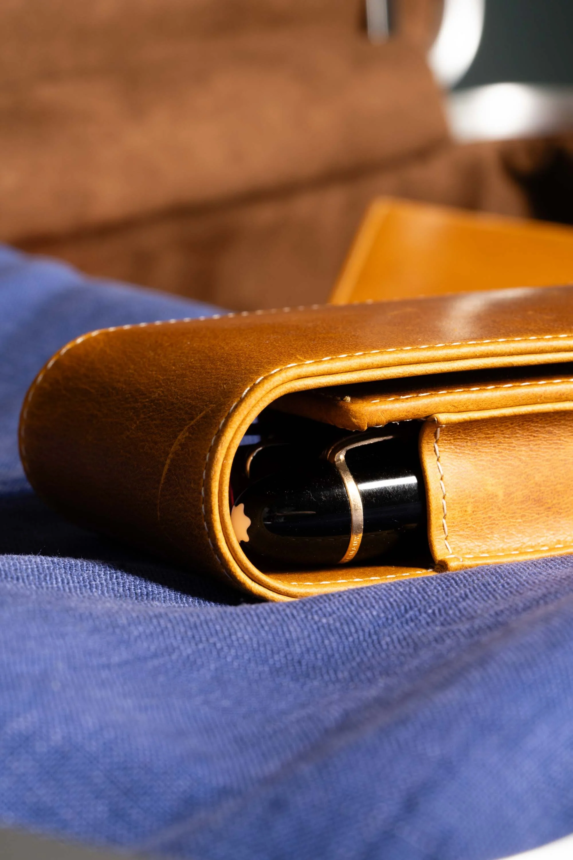 3-Pen Vintage Gold Full-Grain Leather Pen Case - Image 6