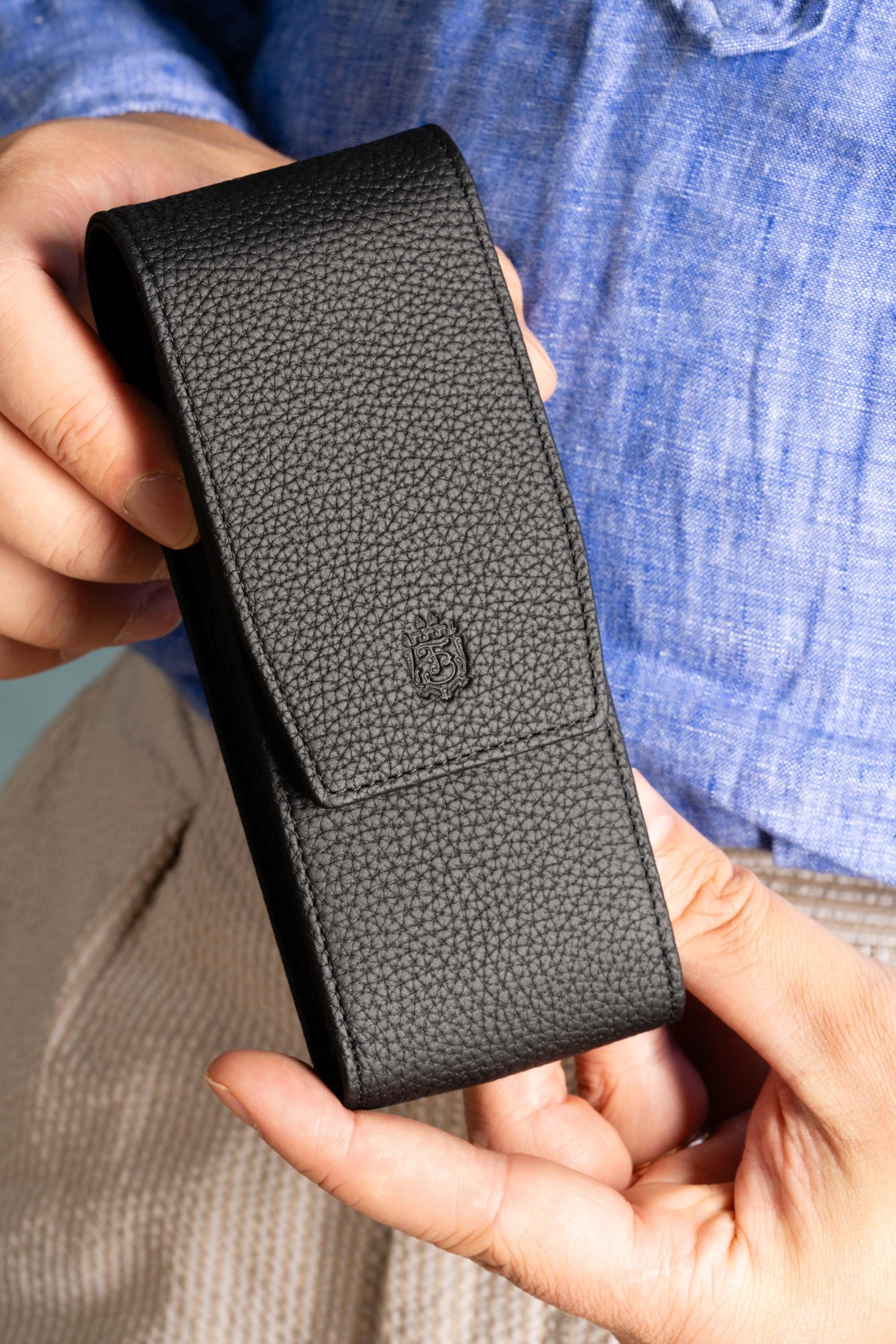 3-Pen Black Full-Grain Calf Togo Leather Pen Case - Image 4